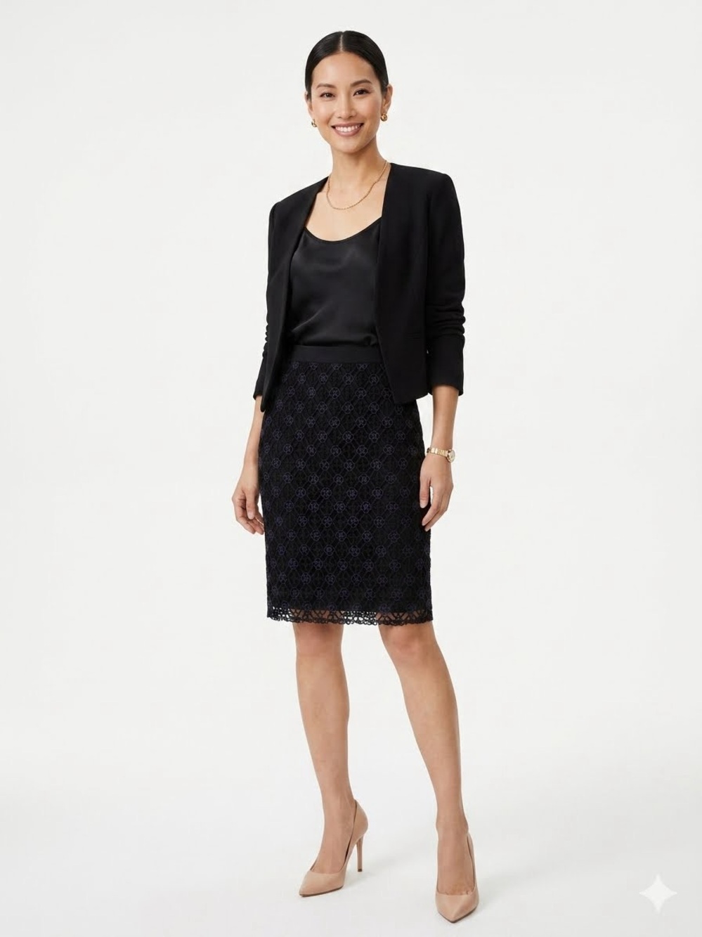 Ann Taylor Black Crochet Lace Overlay Pencil Skirt